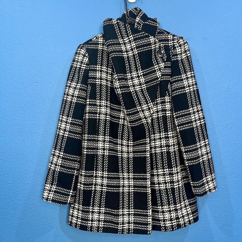 Collezione SA Black White Plaid Wool Blend Pea Coat Women Sz Small Missing Belt